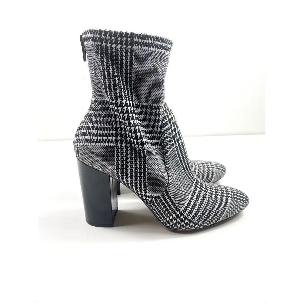ALDO Lovelee Houndstooth Plaid 3.5” Block Heel Back Zip Ankle Boots Stretch Size